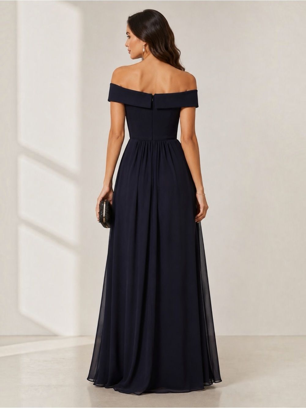 Adrianna Papell Off Shoulder Crepe Chiffon Long Formal Evening Gown Navy 2 NEW - Picture 2 of 15